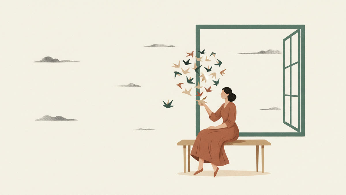 Женщина сидит у окна, а над её головой кружат бумажные птицы, одну из которых она мягко отпускает